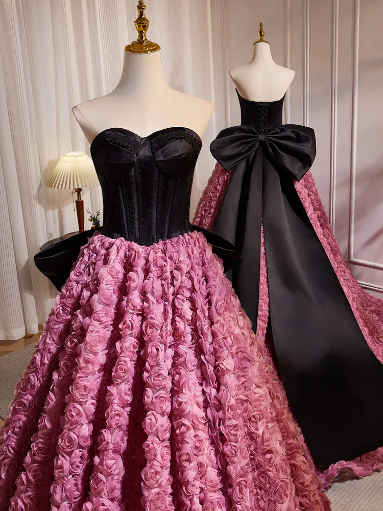 Hepburn Style Black Pink Bow Tie Flower Long Prom Dresses