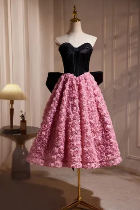 Hepburn Style Black Pink Midi Long Bow Tie Flower Prom Dresses