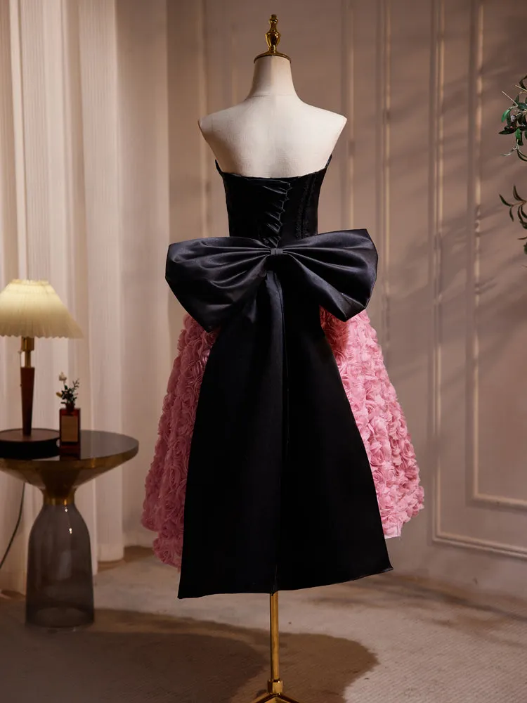 Hepburn Style Black Pink Midi Long Bow Tie Flower Prom Dresses