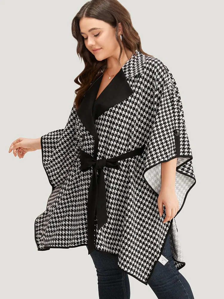 Houndstooth Dolman Sleeve Lapel Collar Belted Coat