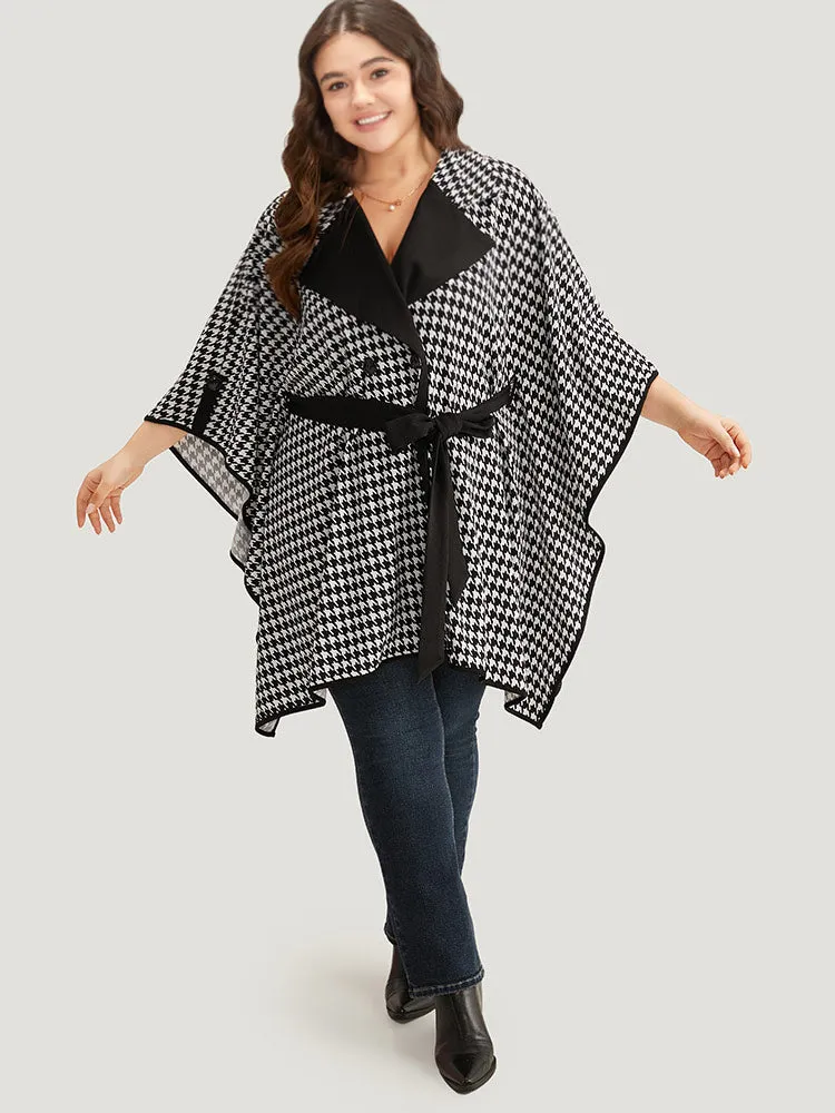 Houndstooth Dolman Sleeve Lapel Collar Belted Coat