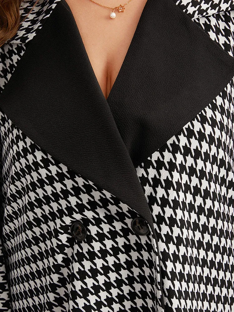 Houndstooth Dolman Sleeve Lapel Collar Belted Coat