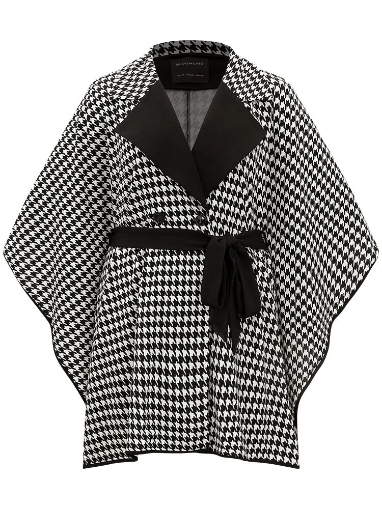 Houndstooth Dolman Sleeve Lapel Collar Belted Coat