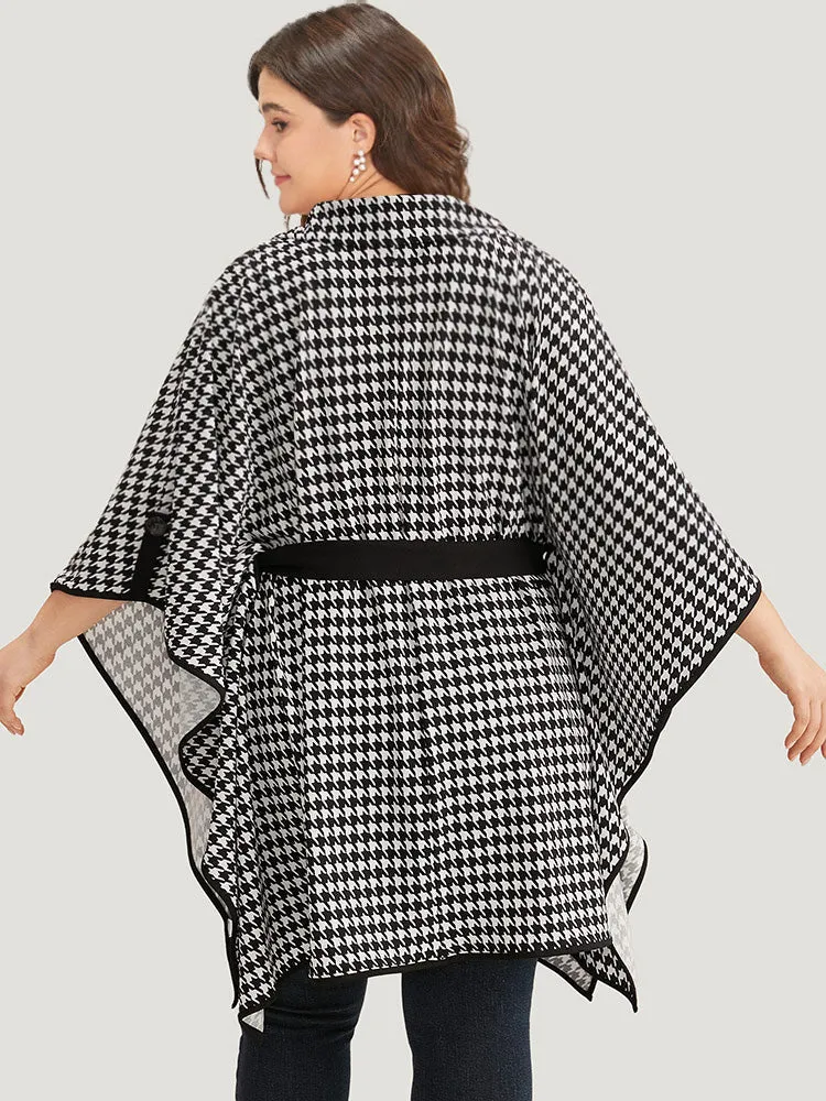 Houndstooth Dolman Sleeve Lapel Collar Belted Coat