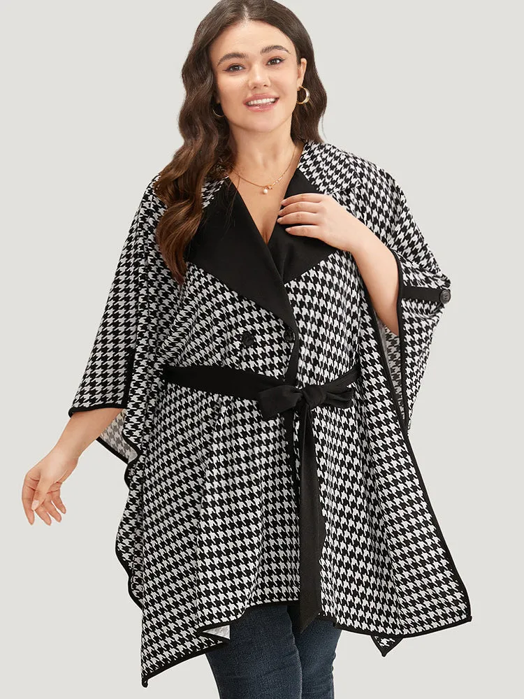 Houndstooth Dolman Sleeve Lapel Collar Belted Coat