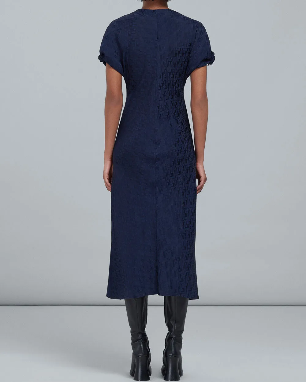 Ink Jacquard Tie Neck Midi Dress