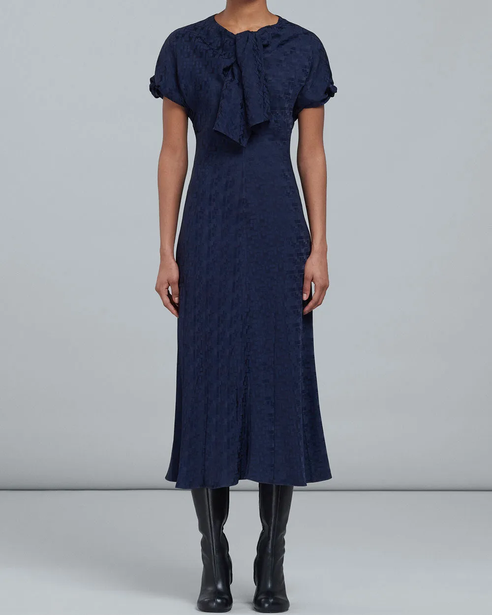 Ink Jacquard Tie Neck Midi Dress