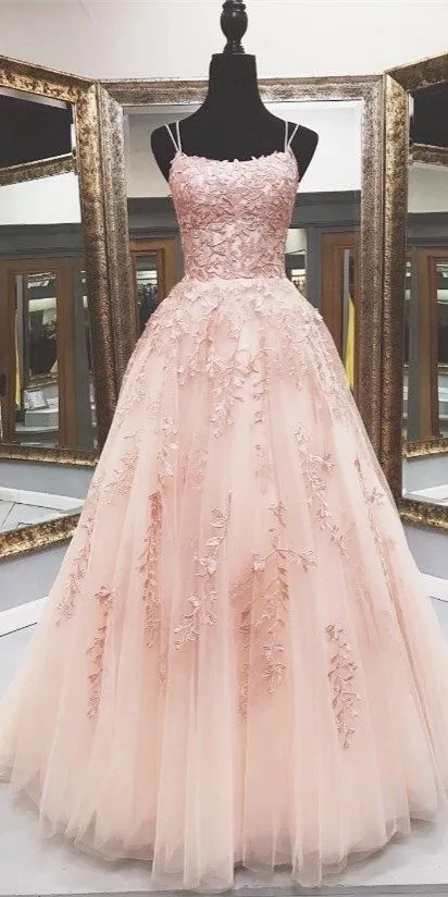 kamahe Lace Appliques Pink A LineTulle Long Prom Dresses With Straps