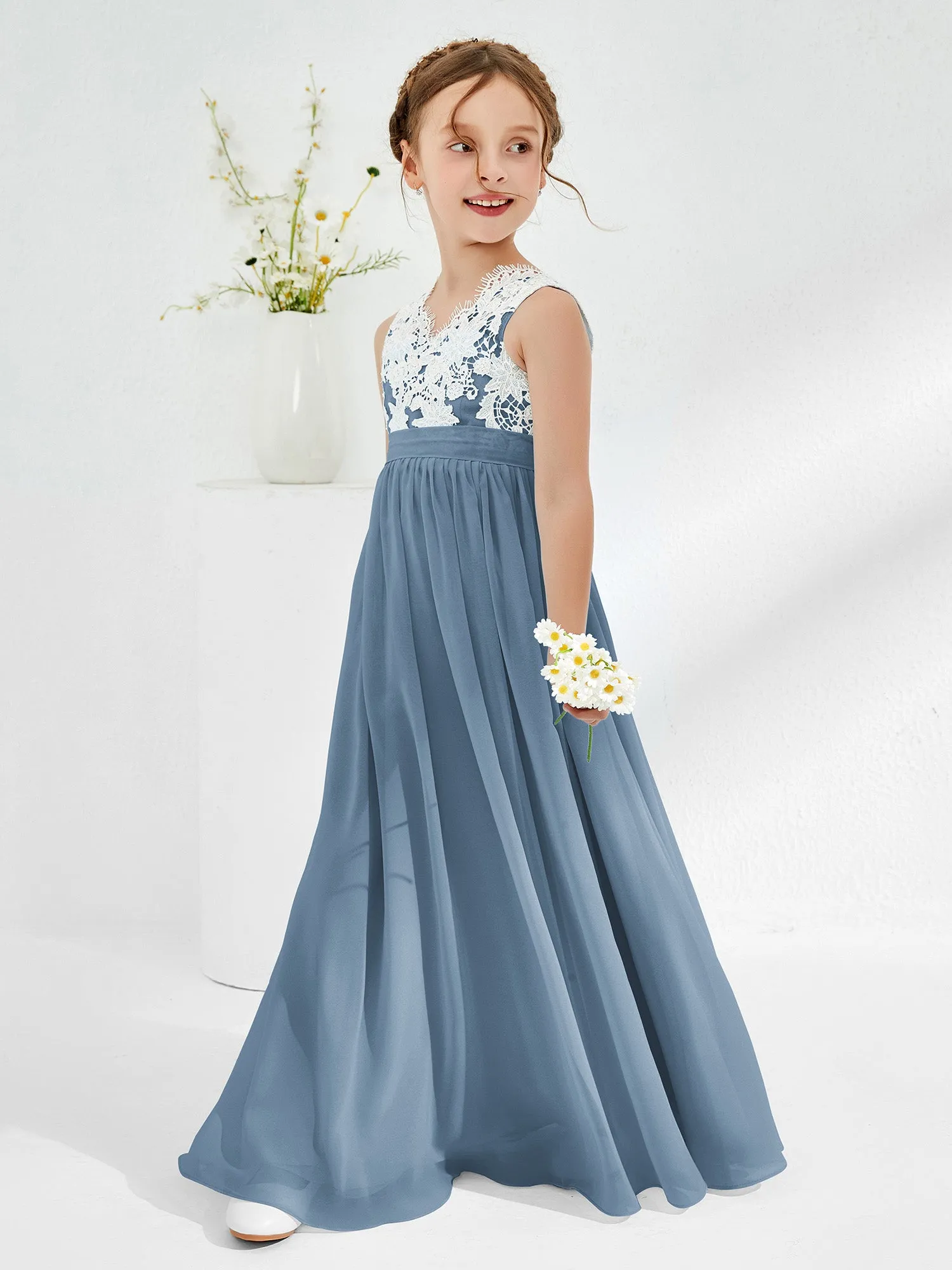 Lace Top Junior Bridesmaid Dresses Slate Blue