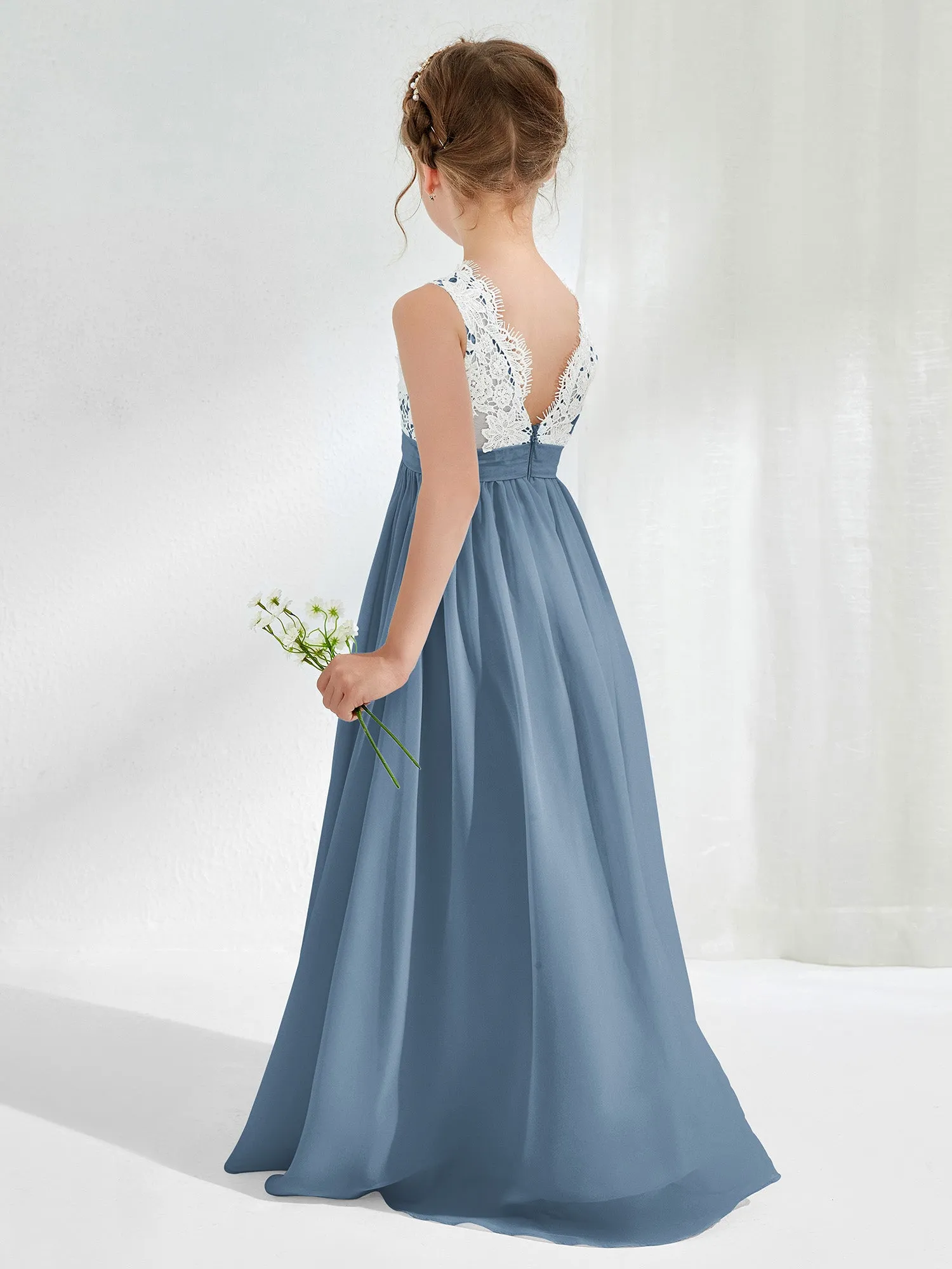 Lace Top Junior Bridesmaid Dresses Slate Blue