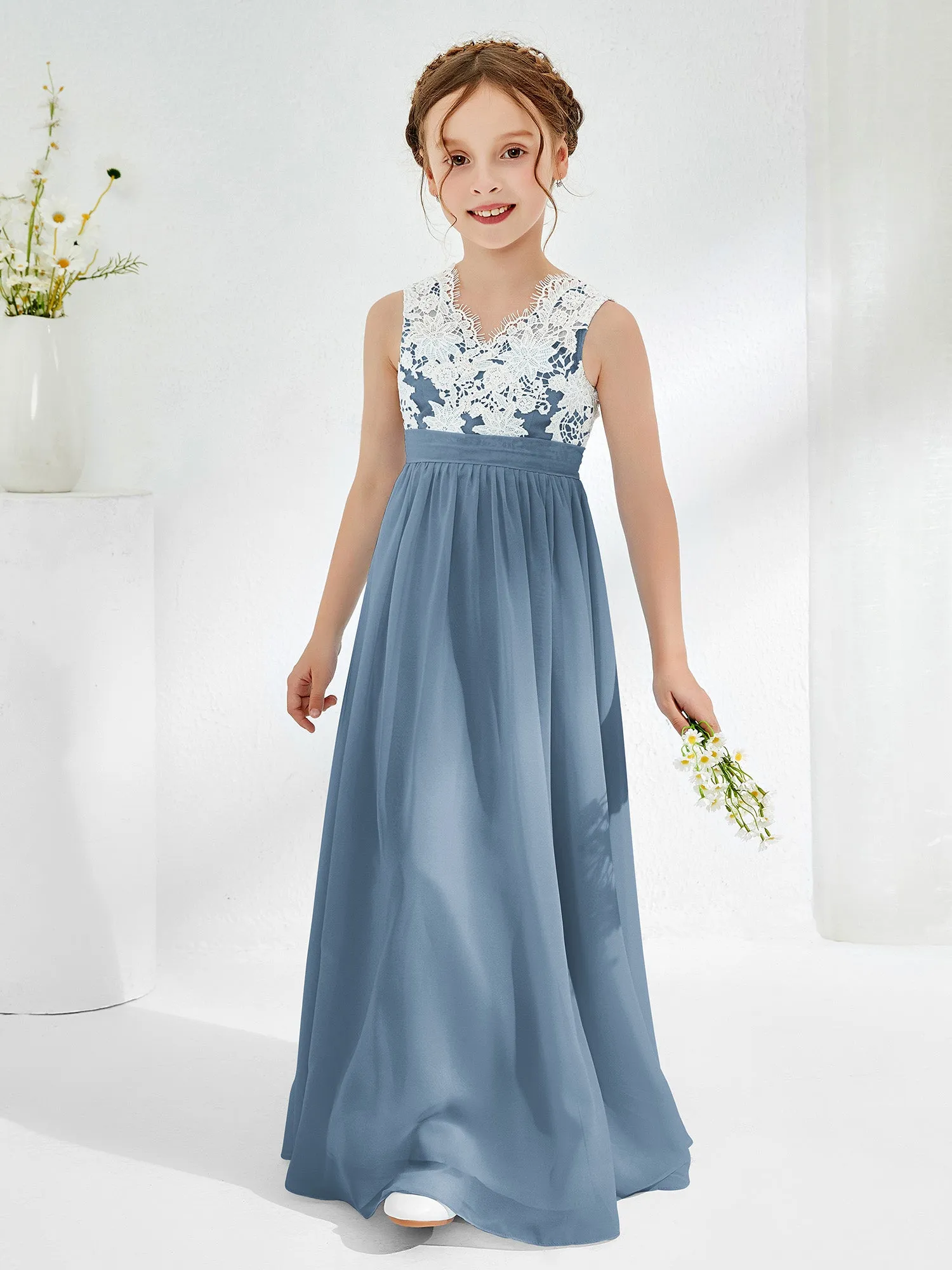 Lace Top Junior Bridesmaid Dresses Slate Blue