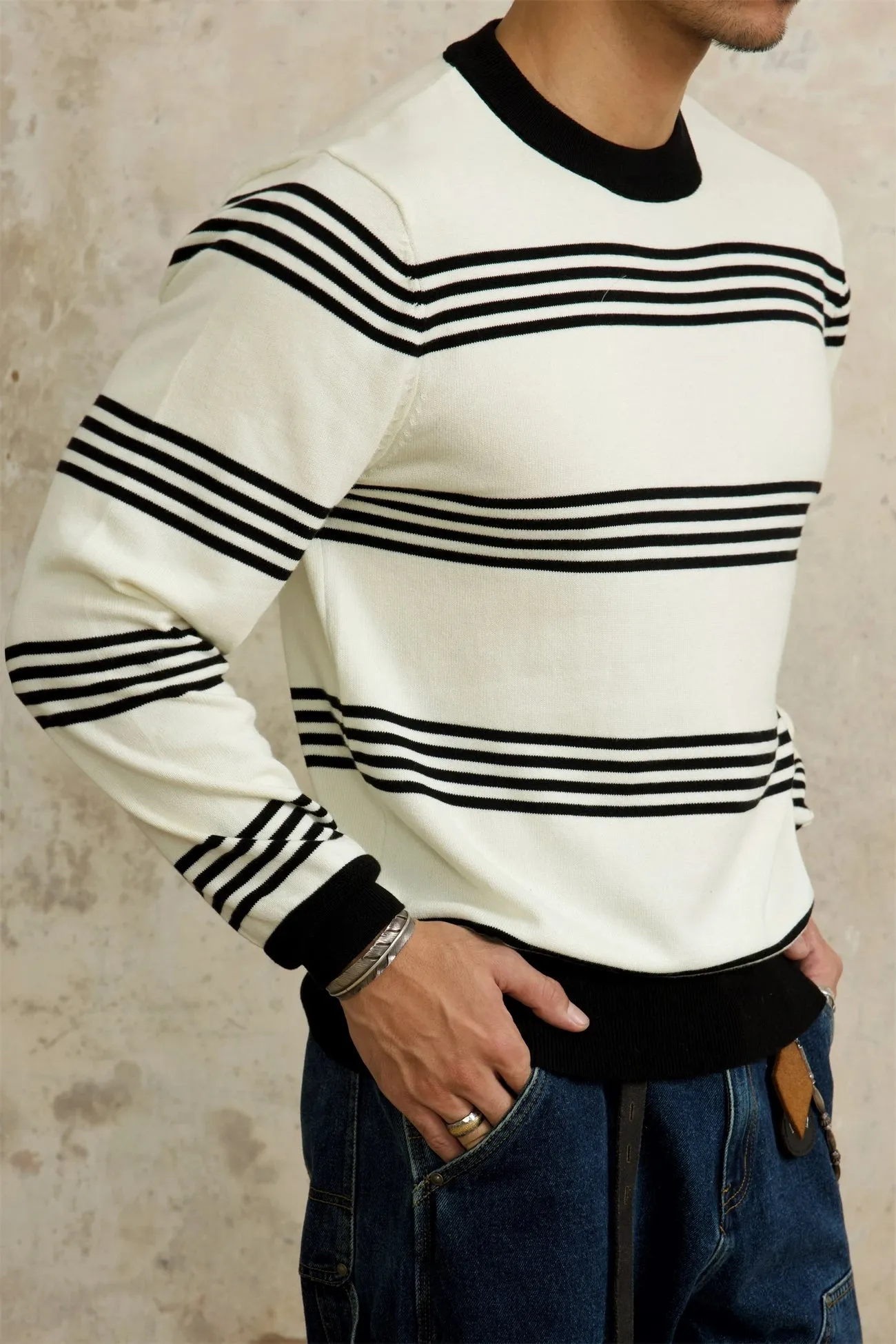 Men's Knitted Striped Long Sleeves T-shirt