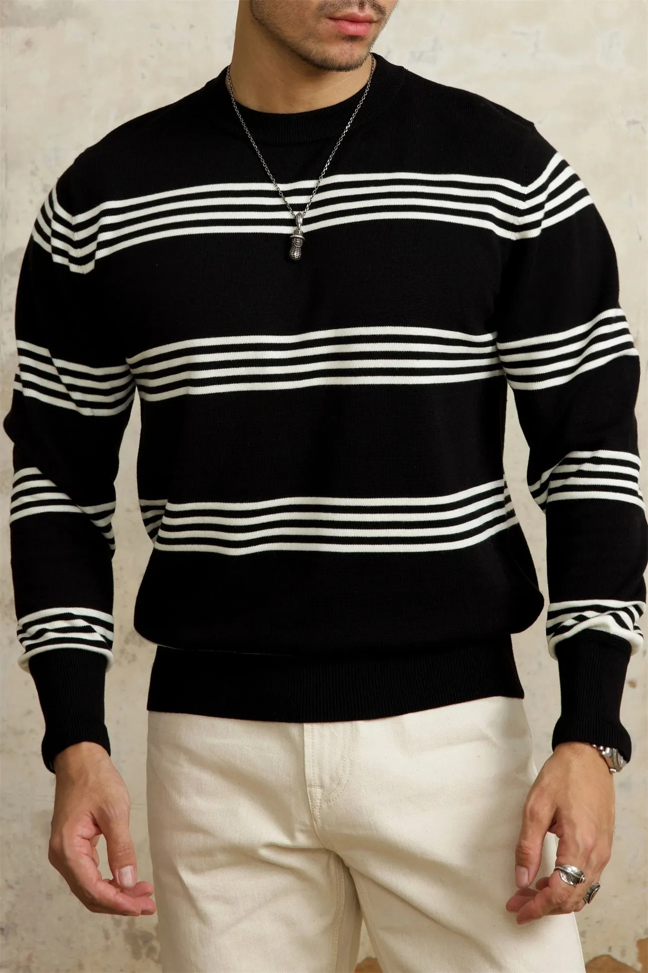 Men's Knitted Striped Long Sleeves T-shirt