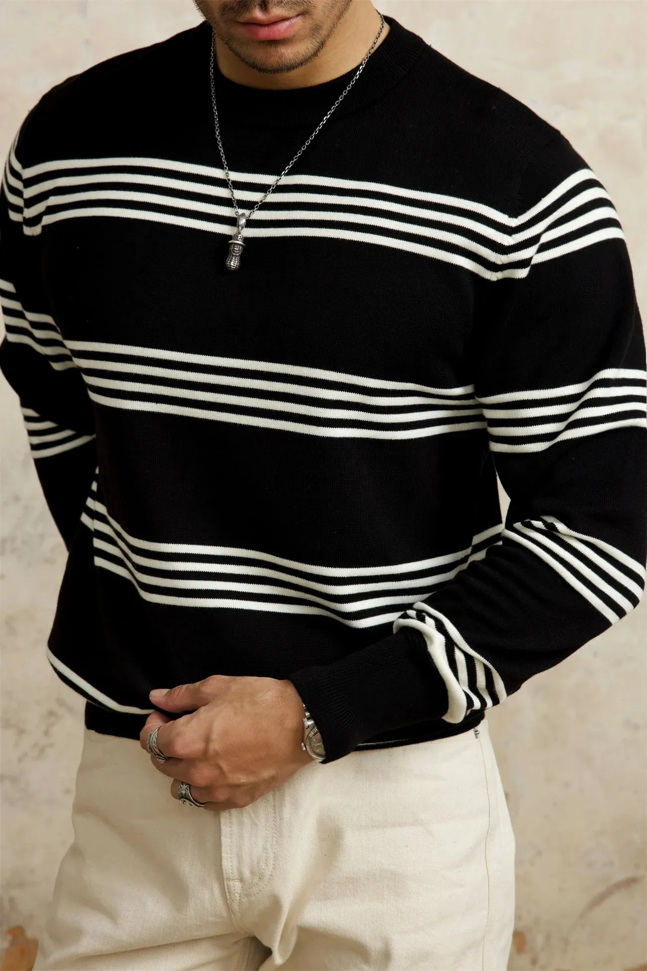 Men's Knitted Striped Long Sleeves T-shirt