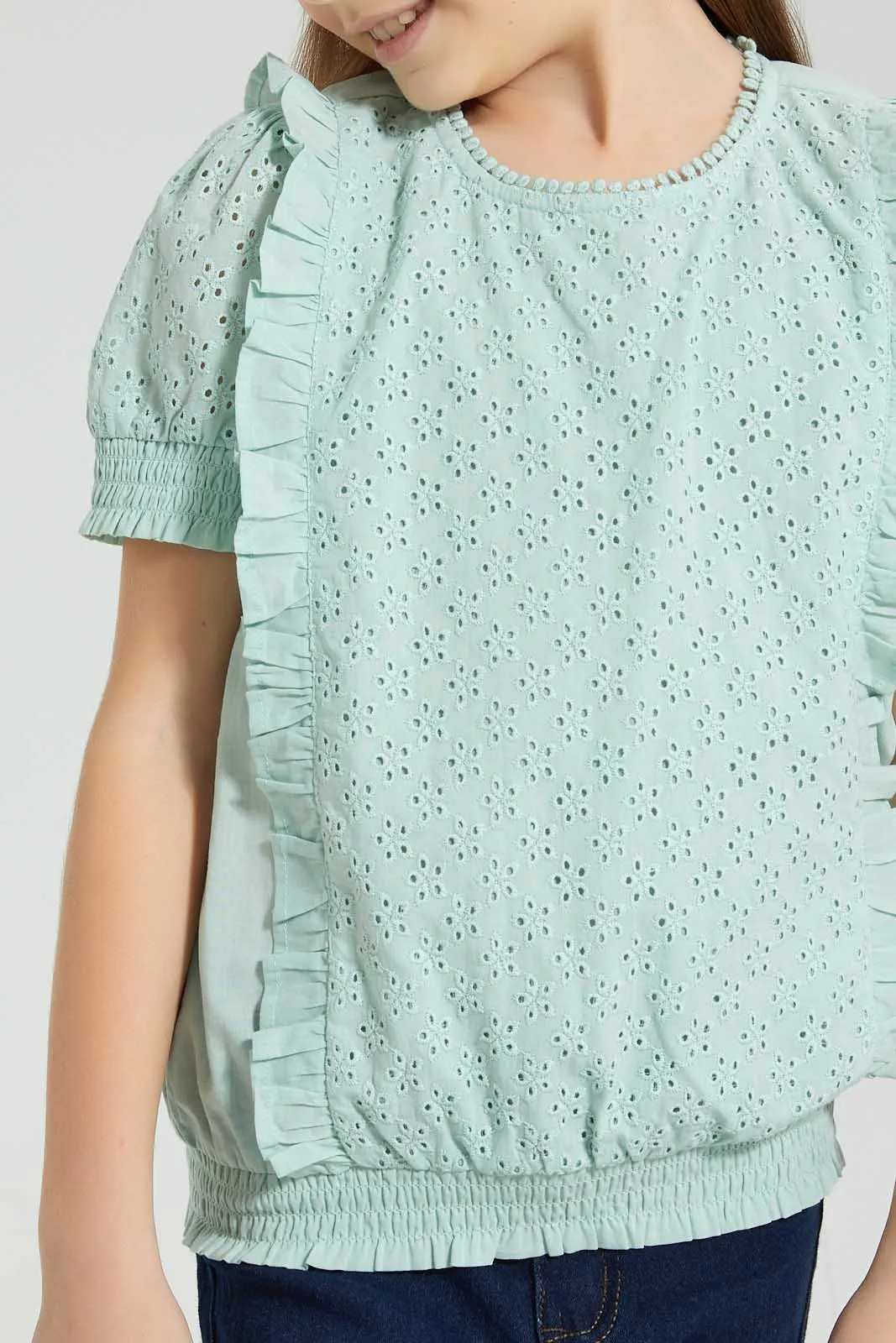 Mint Schiffli Frilled Blouse