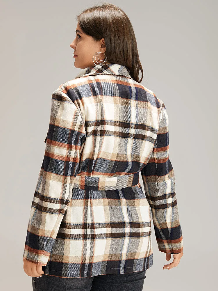 Plaid Belted Lapel Collar Pocket Coat