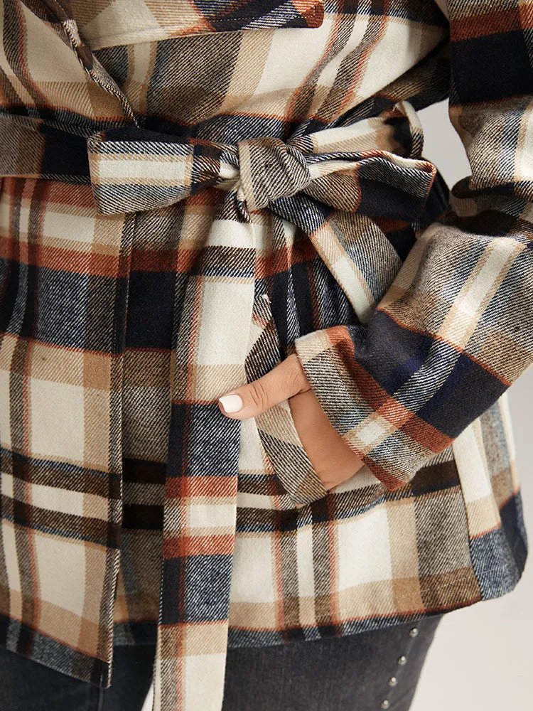 Plaid Belted Lapel Collar Pocket Coat