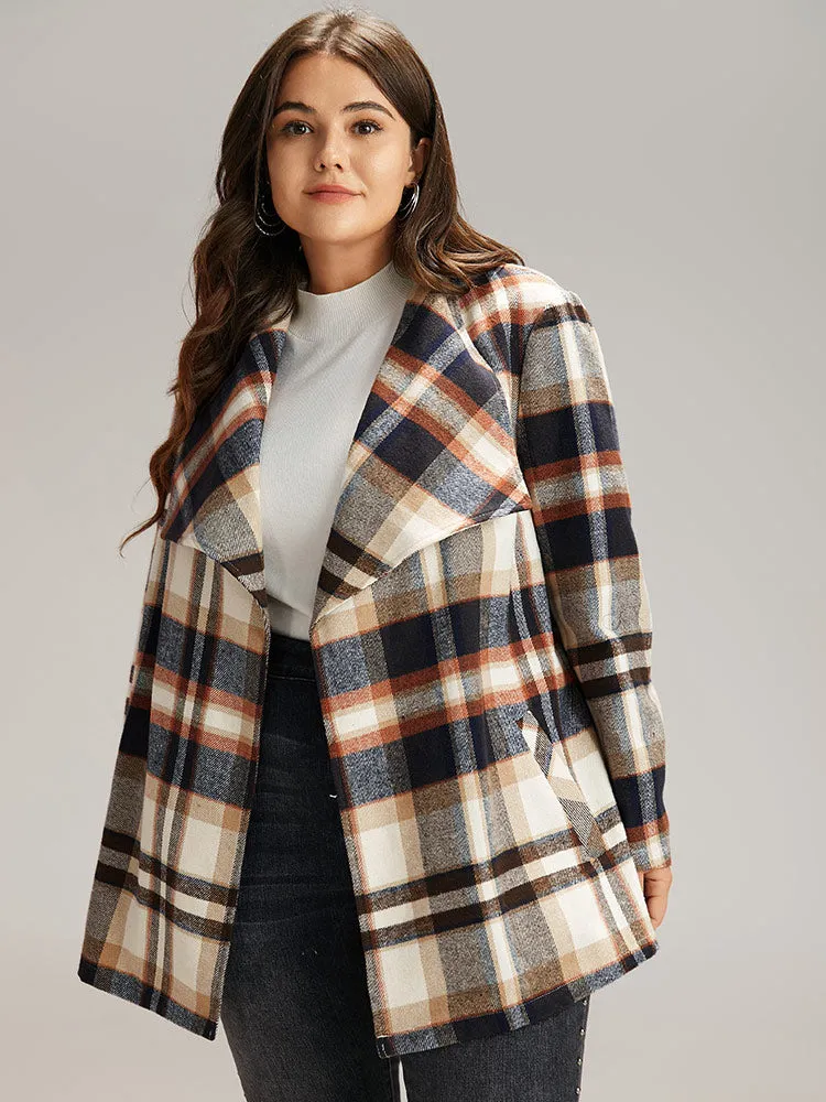 Plaid Belted Lapel Collar Pocket Coat