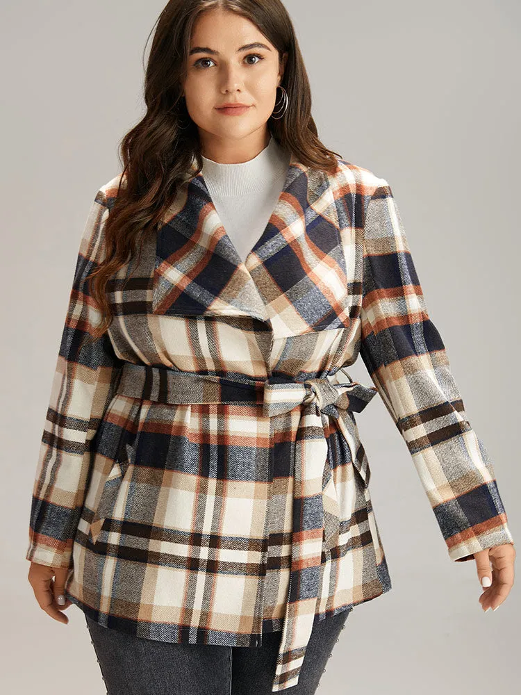 Plaid Belted Lapel Collar Pocket Coat