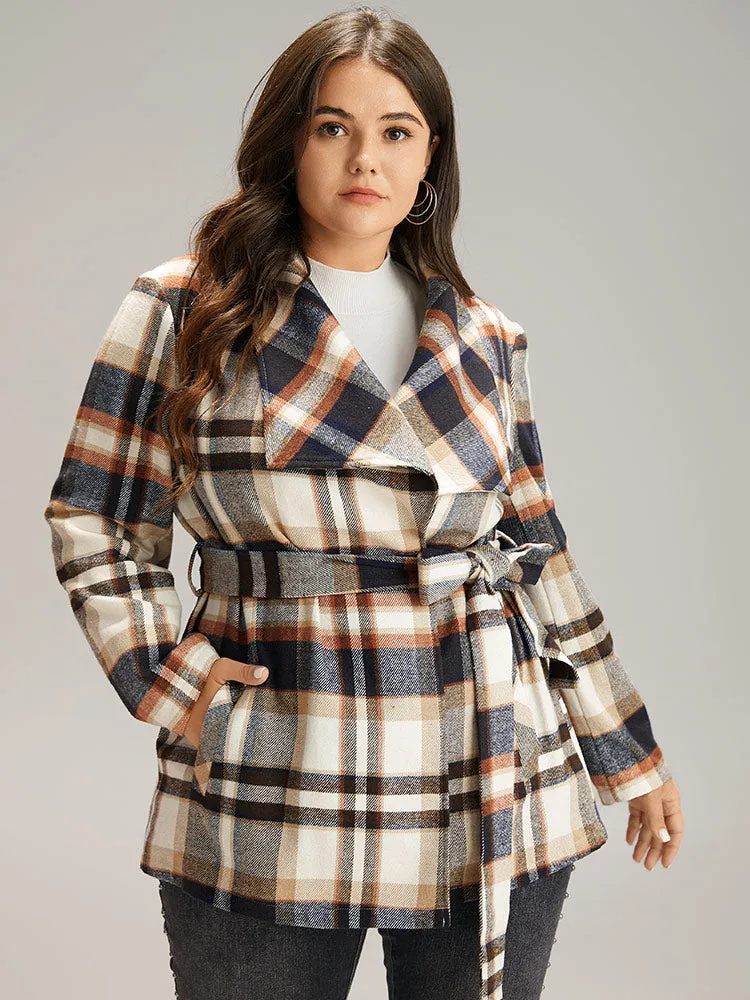 Plaid Belted Lapel Collar Pocket Coat