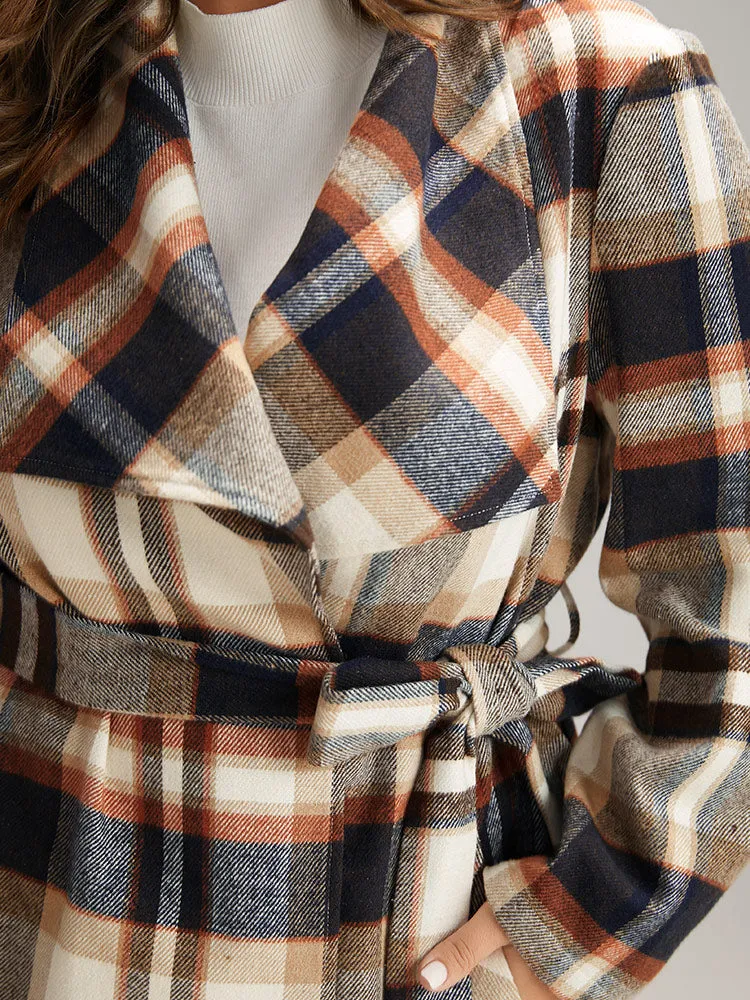 Plaid Belted Lapel Collar Pocket Coat