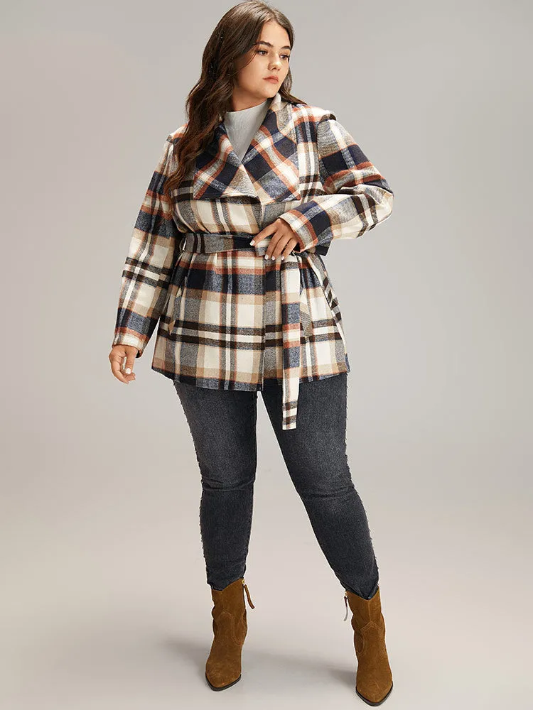 Plaid Belted Lapel Collar Pocket Coat