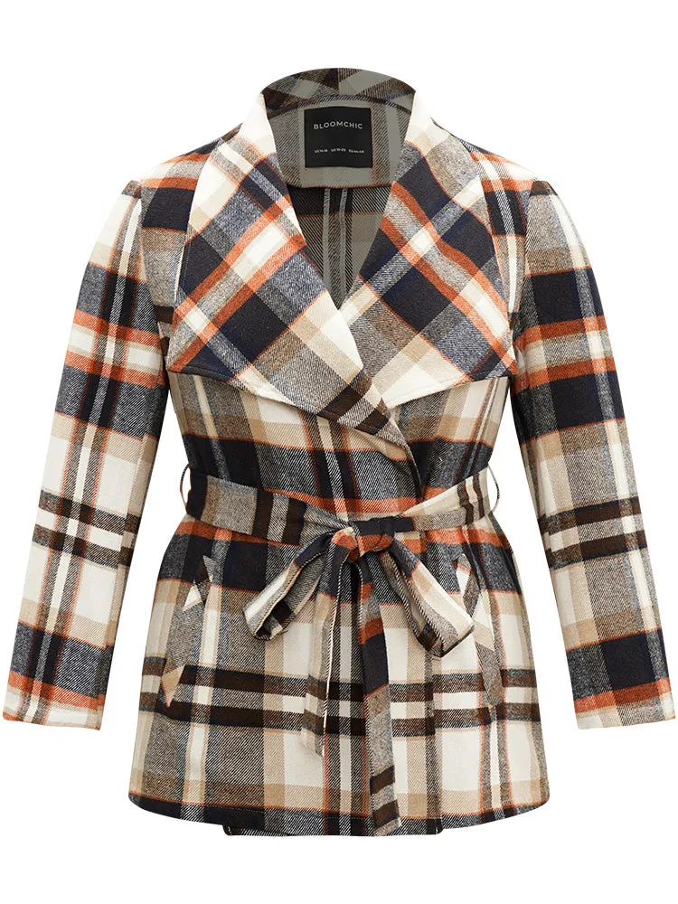 Plaid Belted Lapel Collar Pocket Coat