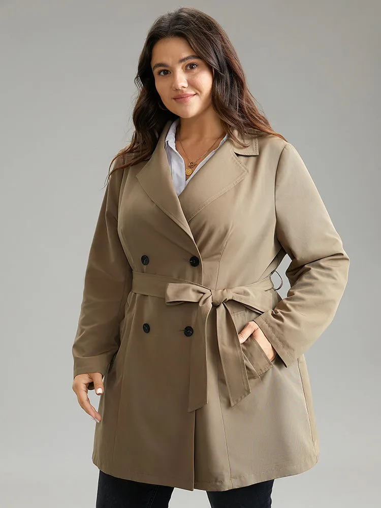 Plain Double Breasted Belted Lapel Collar Coat