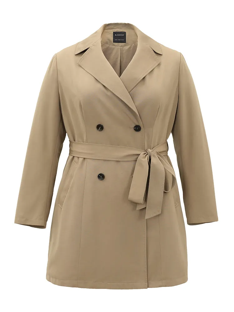 Plain Double Breasted Belted Lapel Collar Coat