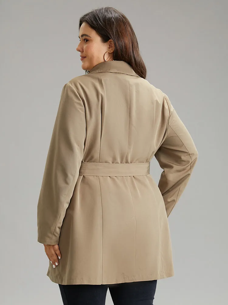 Plain Double Breasted Belted Lapel Collar Coat