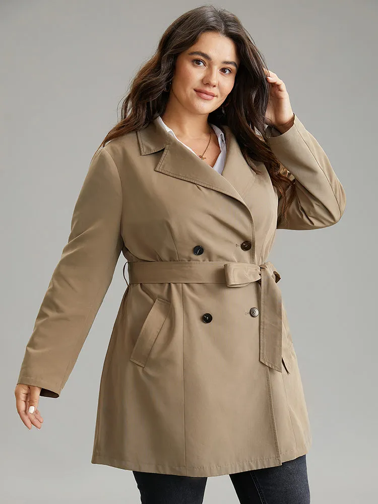 Plain Double Breasted Belted Lapel Collar Coat