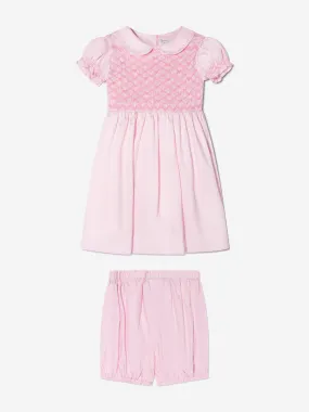 Rachel Riley Baby Girls Bow Smocked Dress And Bloomers in Pink