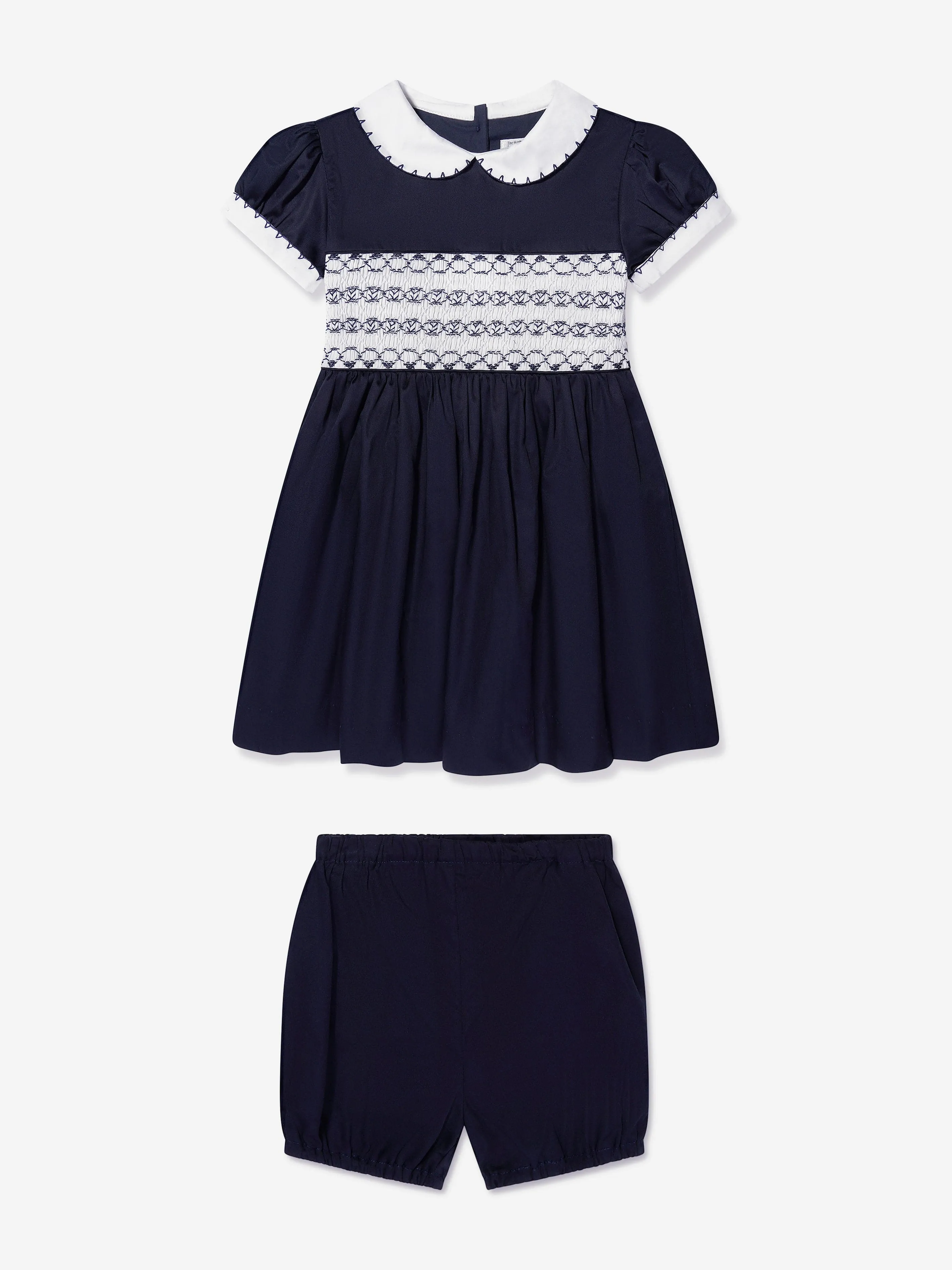 Rachel Riley Baby Girls Classic Smocked Dress And Bloomers in Navy