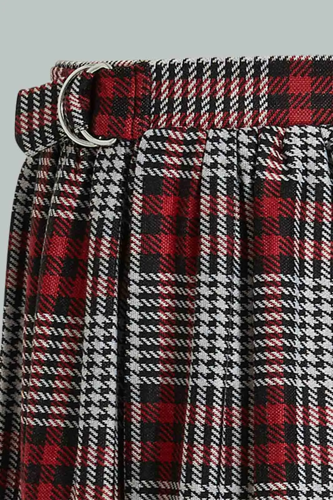 Red And Grey Checkered Pleated Skirt