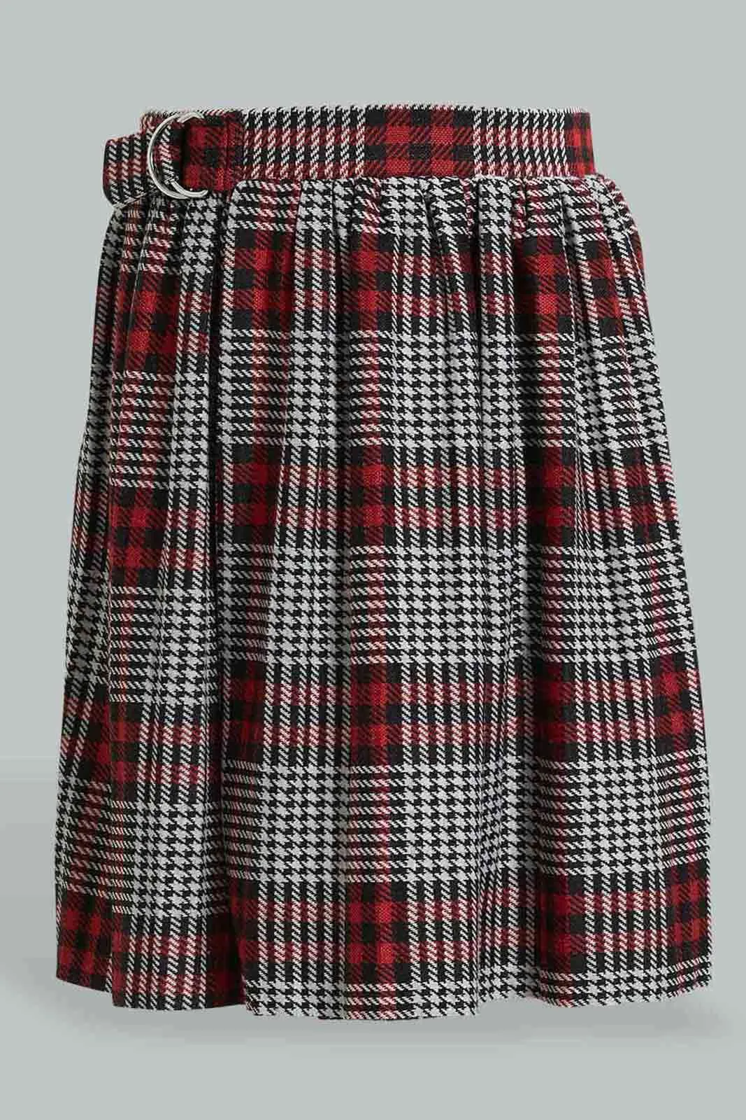 Red And Grey Checkered Pleated Skirt