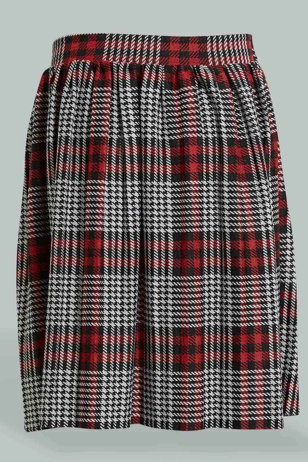 Red And Grey Checkered Pleated Skirt