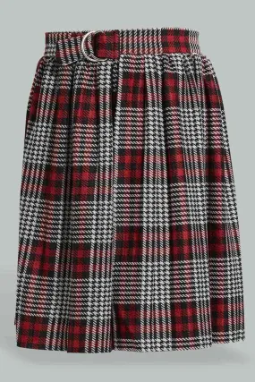 Red And Grey Checkered Pleated Skirt