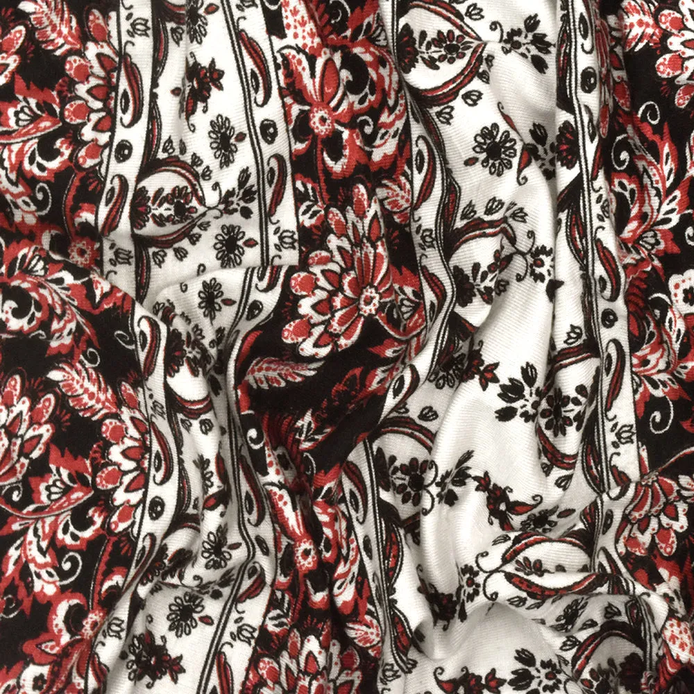 Red-Black-Ivory Stripe Floral Print Slub Rayon Stretch Jersey Knit Fabric