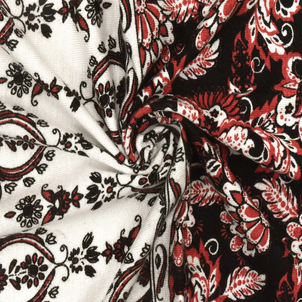 Red-Black-Ivory Stripe Floral Print Slub Rayon Stretch Jersey Knit Fabric