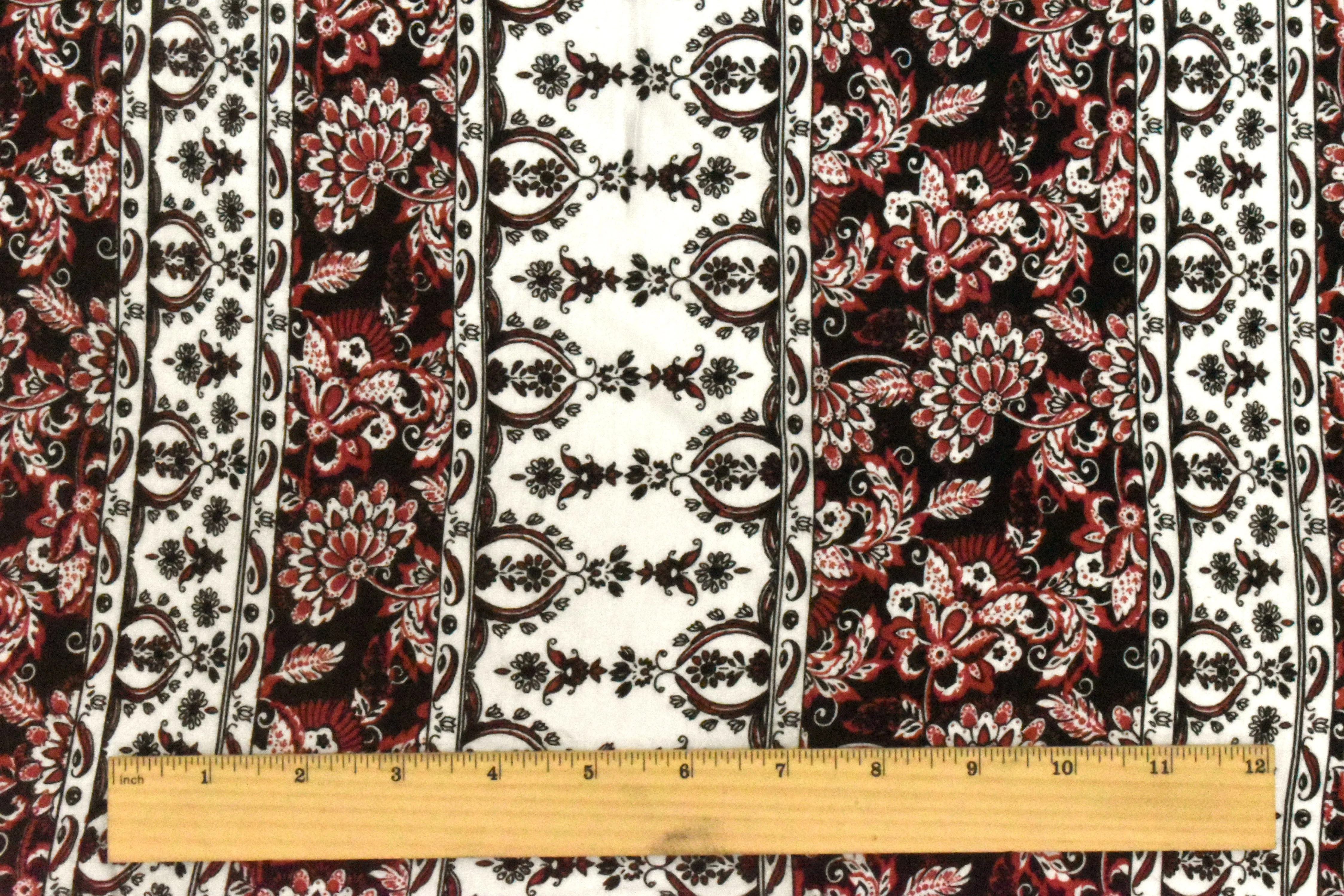 Red-Black-Ivory Stripe Floral Print Slub Rayon Stretch Jersey Knit Fabric