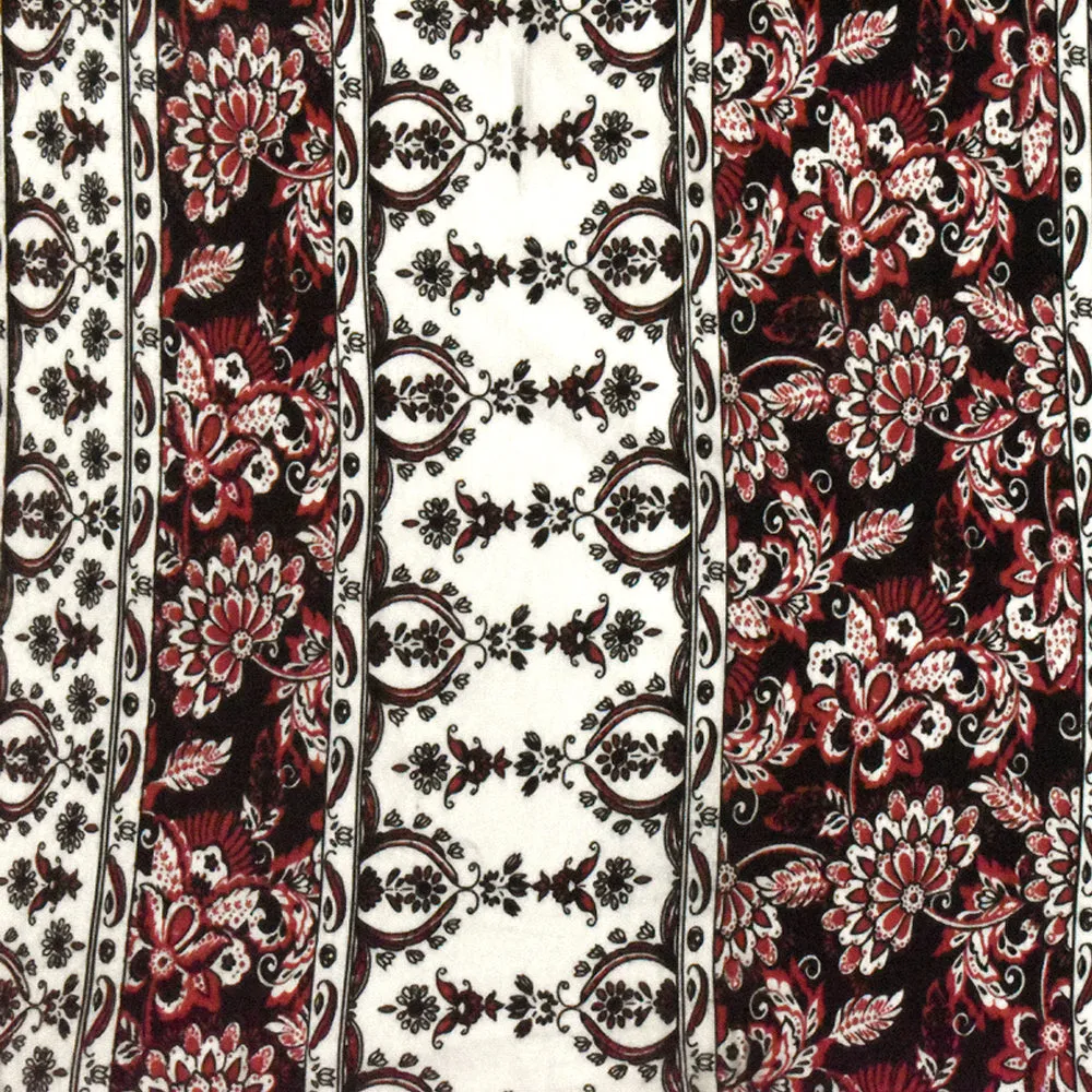 Red-Black-Ivory Stripe Floral Print Slub Rayon Stretch Jersey Knit Fabric