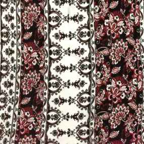 Red-Black-Ivory Stripe Floral Print Slub Rayon Stretch Jersey Knit Fabric