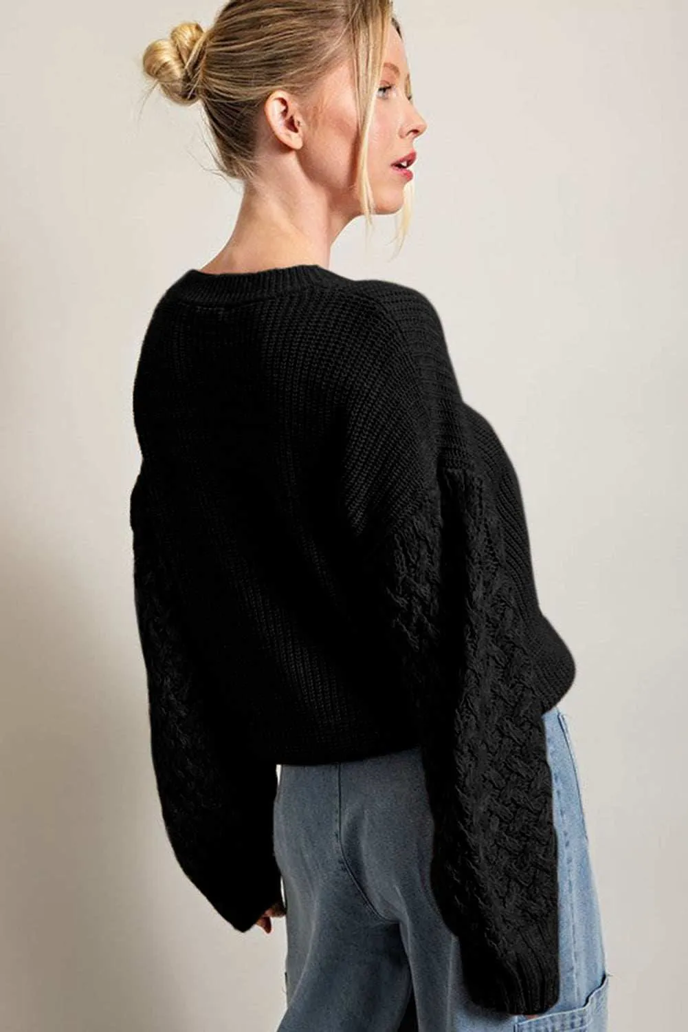 Sea Green Cable Knit Sleeve Drop Shoulder Sweater