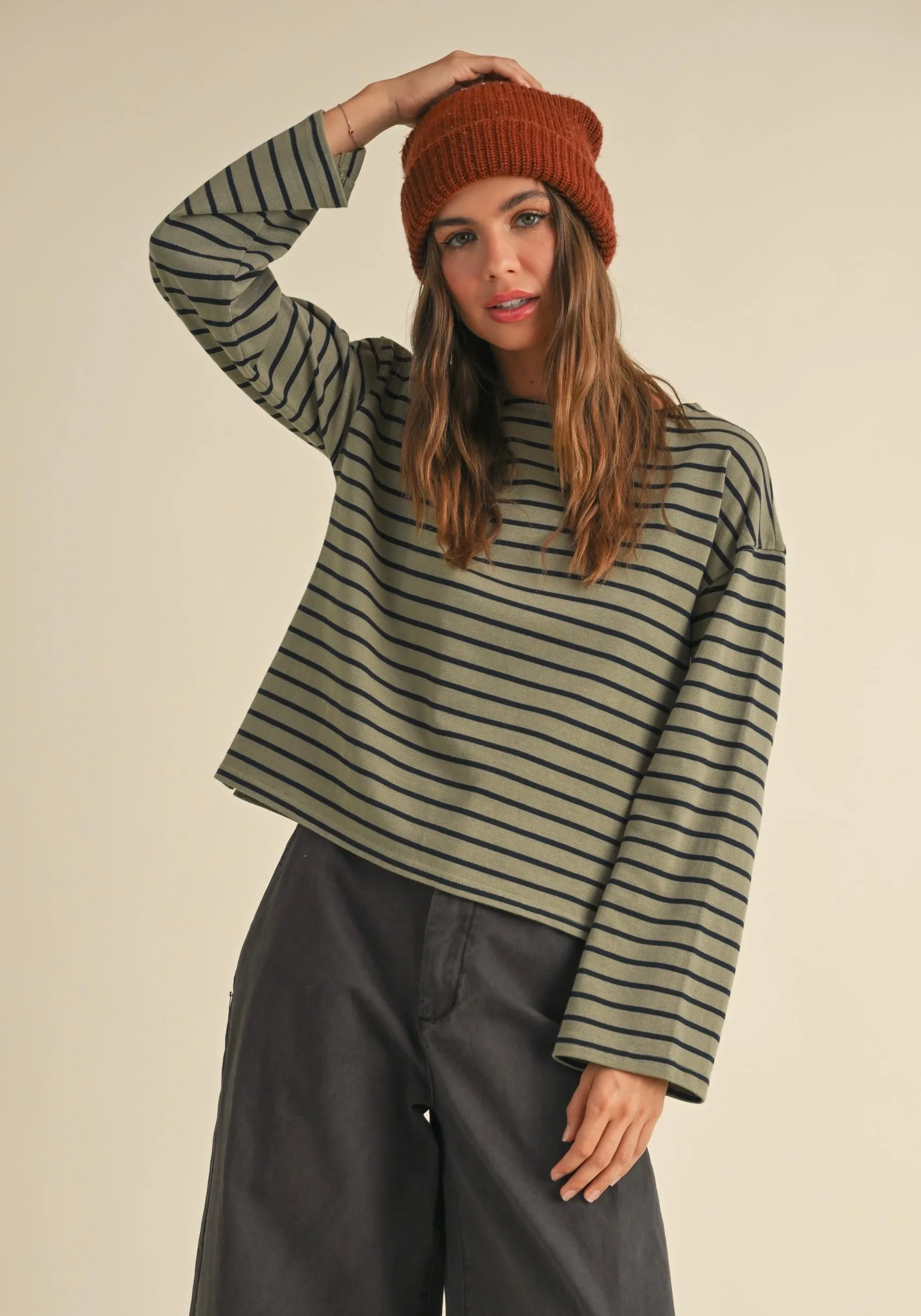 Shelly Striped Top Olive/ Navy