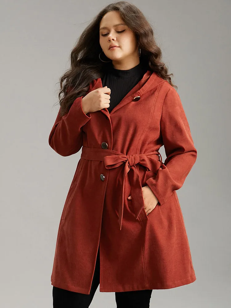 Solid Belted Button Up Hooded Coat