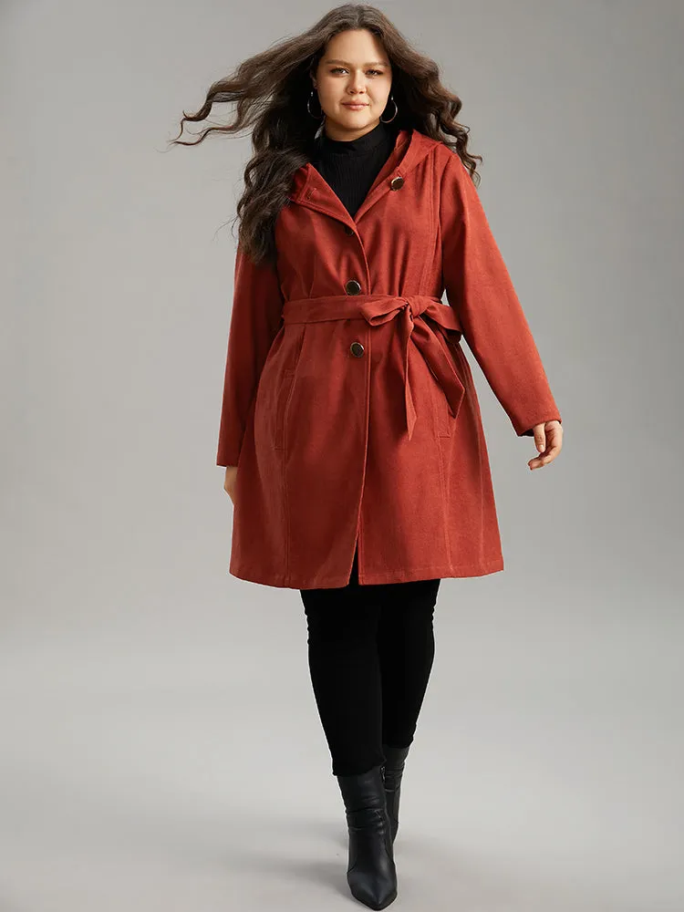 Solid Belted Button Up Hooded Coat