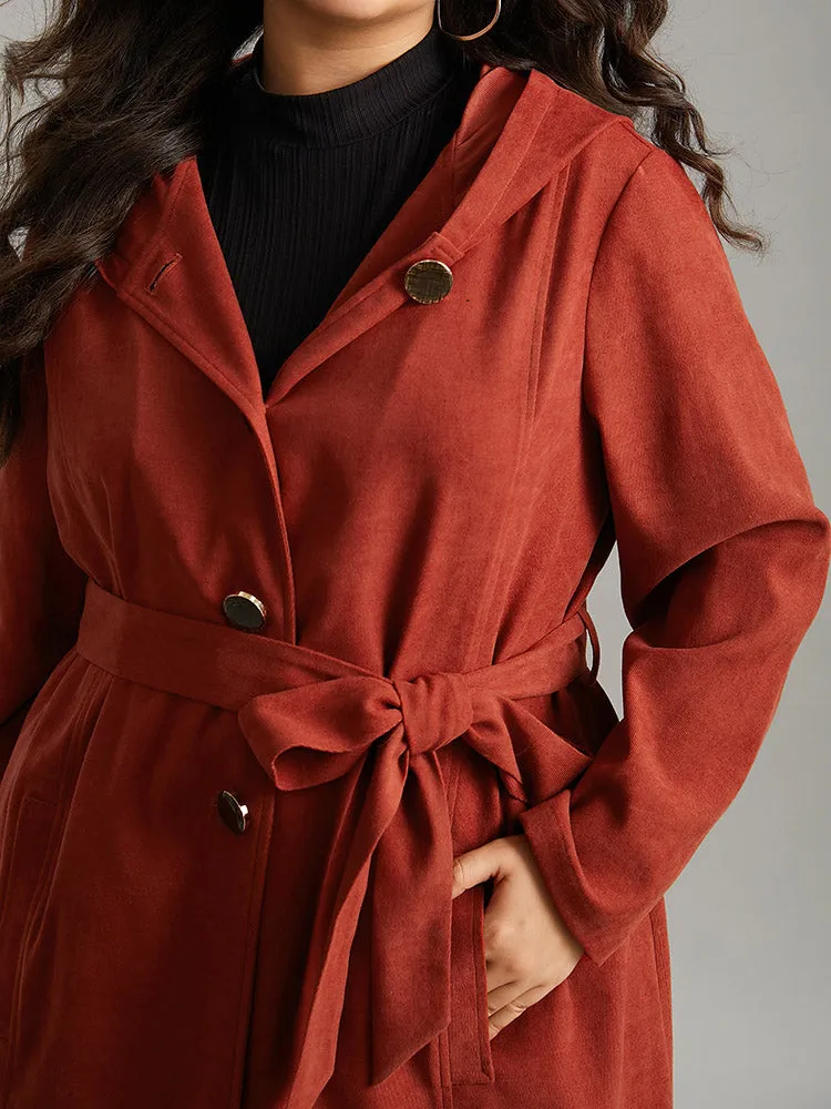 Solid Belted Button Up Hooded Coat