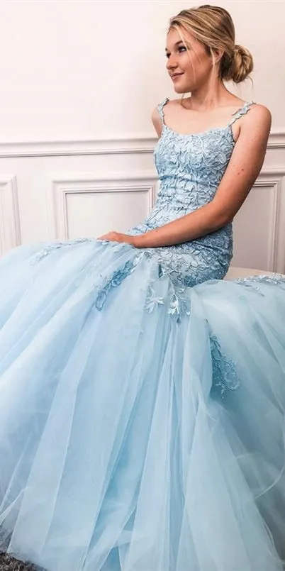 Straps Long Mermaid Light Blue Lace Beaded Prom Dresses, Popular Prom Dresses, 2020 Bridesmaid Dresses