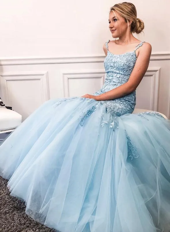 Straps Long Mermaid Light Blue Lace Beaded Prom Dresses, Popular Prom Dresses, 2020 Bridesmaid Dresses