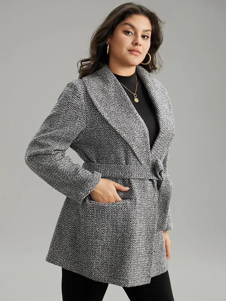 Tweed Belted Lapel Collar Flap Pocket Coat